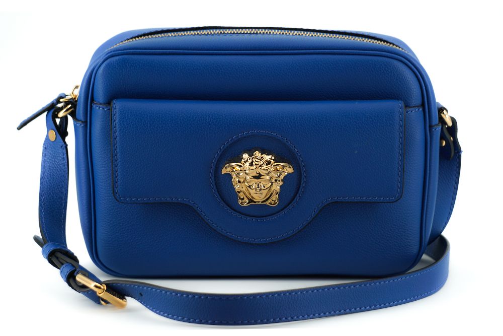 Borsa per fotocamera Versace elegante in pelle di vitello blu