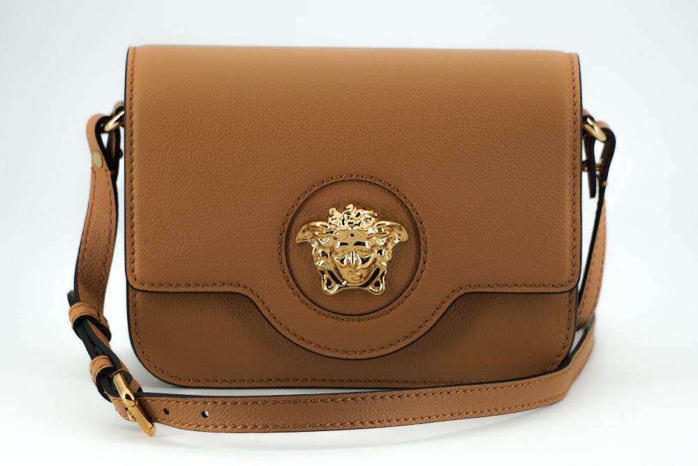 Borsa a tracolla Versace elegante in pelle di vitello marrone