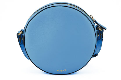 Borsa a tracolla rotonda Versace Chic in pelle blu