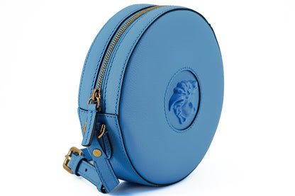 Borsa a tracolla rotonda Versace Chic in pelle blu