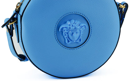 Borsa a tracolla rotonda Versace Chic in pelle blu