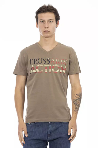 Trussardi Action T-shirt da uomo in cotone marrone con scollo a V