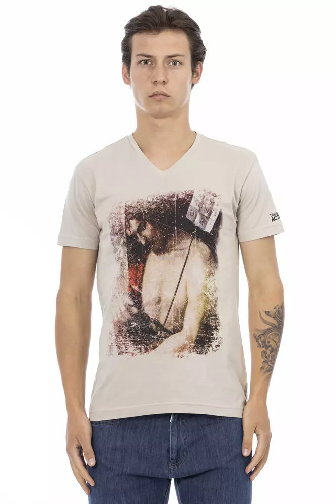 Trussardi Action Beige Cotton T-Shirt Uomo Scollo a V