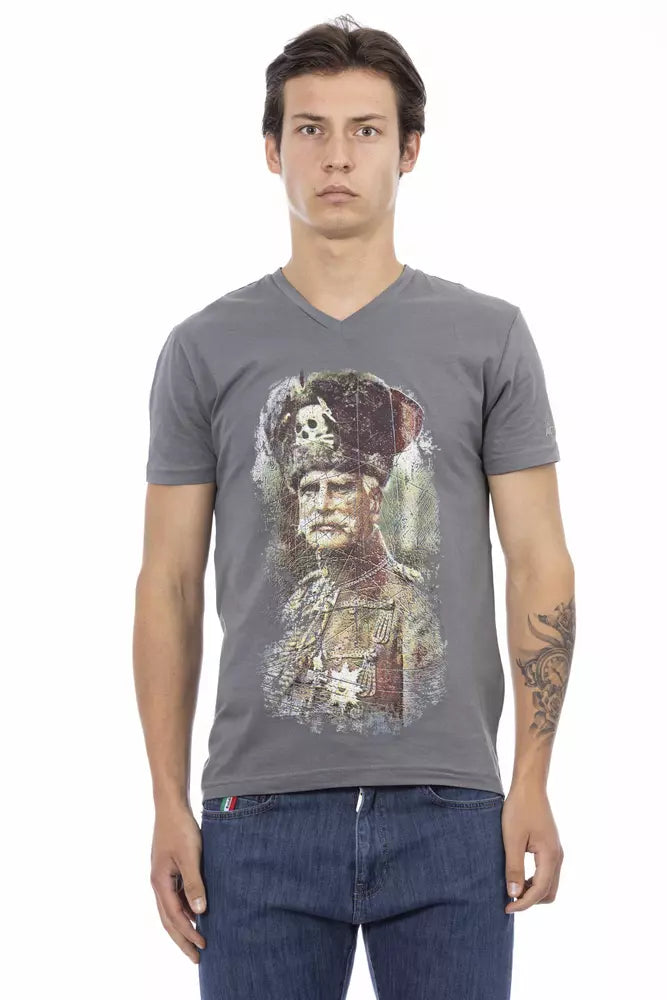 Trussardi Action T-shirt da uomo in cotone grigio con scollo a V