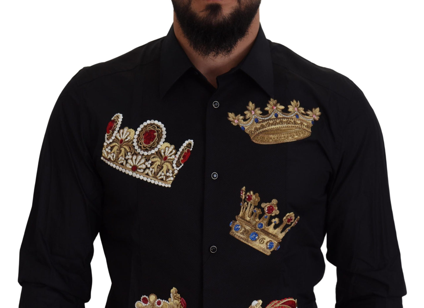 Camicia elegante slim fit nera Dolce &amp; Gabbana con ricamo corona