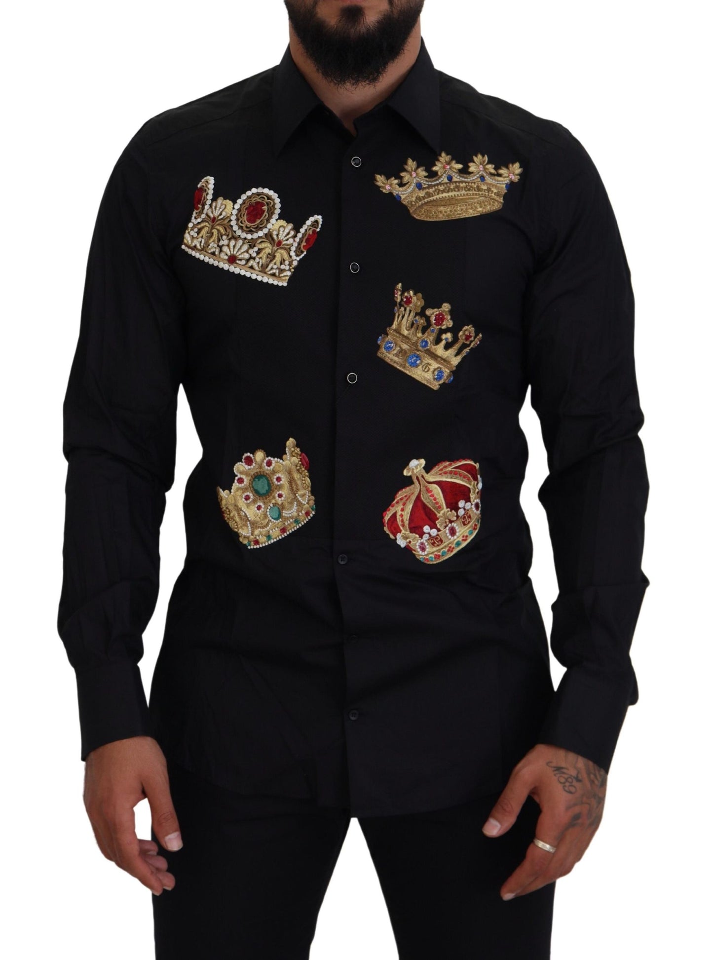 Camicia elegante slim fit nera Dolce &amp; Gabbana con ricamo corona