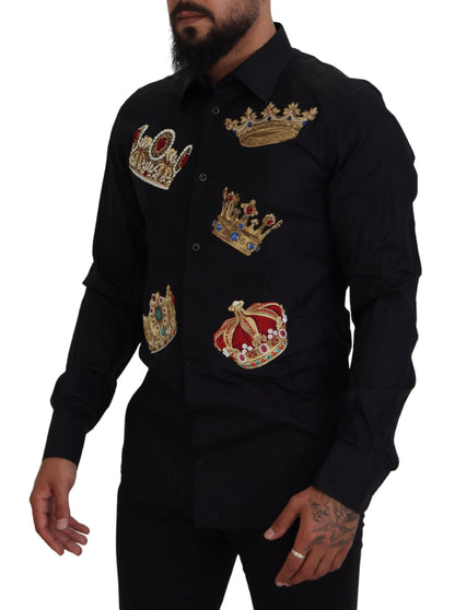 Camicia elegante slim fit nera Dolce &amp; Gabbana con ricamo corona