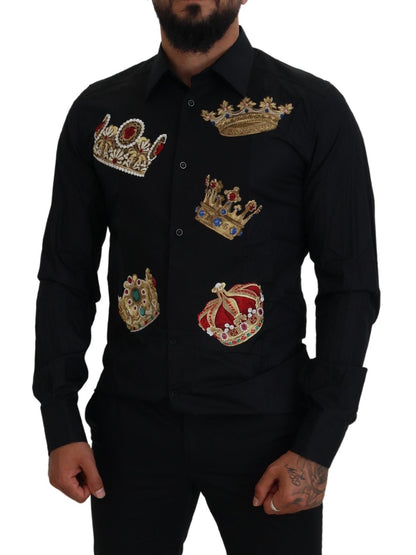 Camicia elegante slim fit nera Dolce &amp; Gabbana con ricamo corona