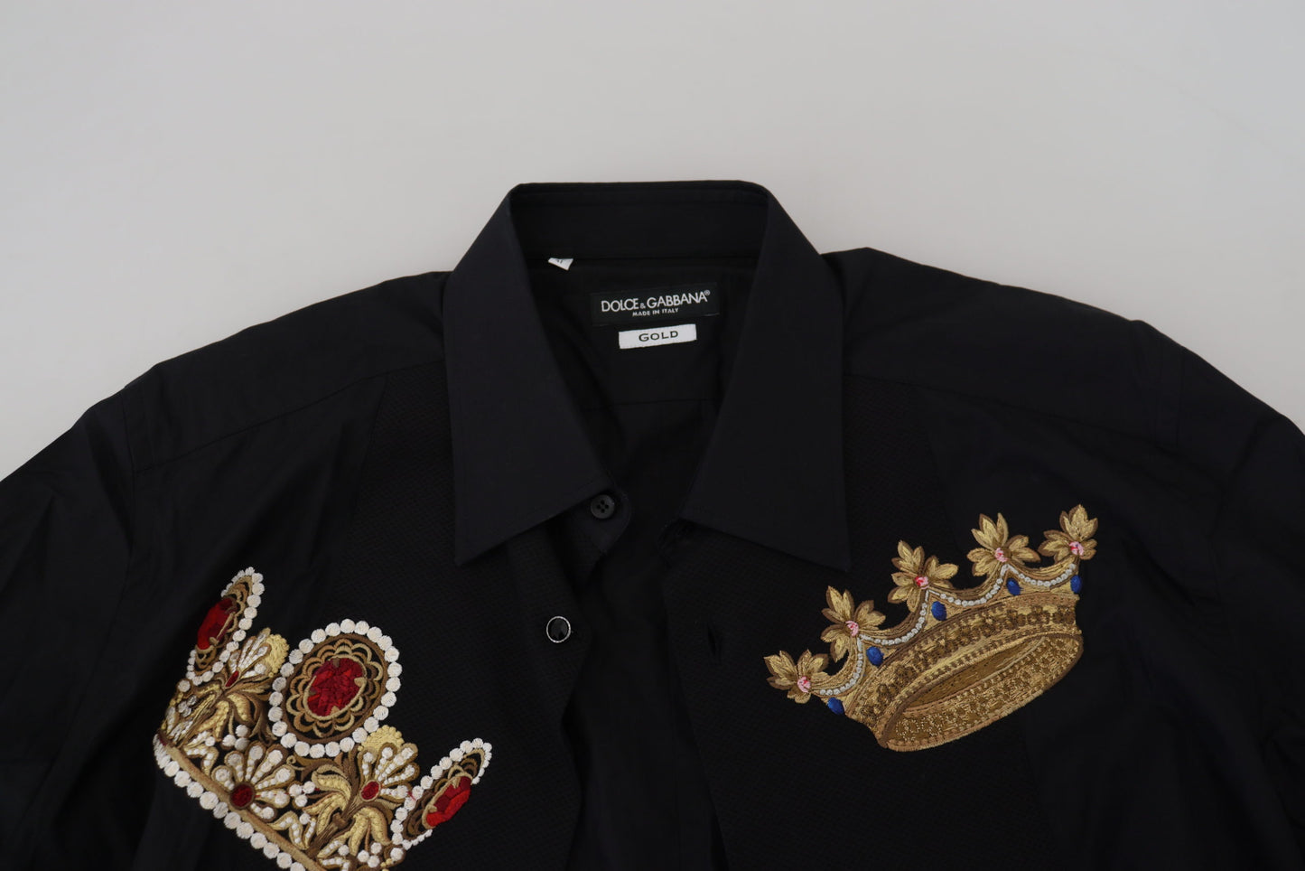 Camicia elegante slim fit nera Dolce &amp; Gabbana con ricamo corona