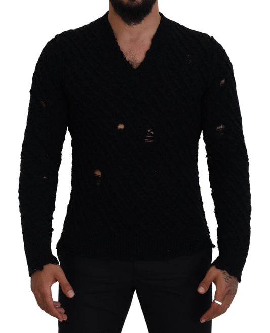 Dolce &amp; Gabbana Maglione elegante con scollo a V in misto lana nera