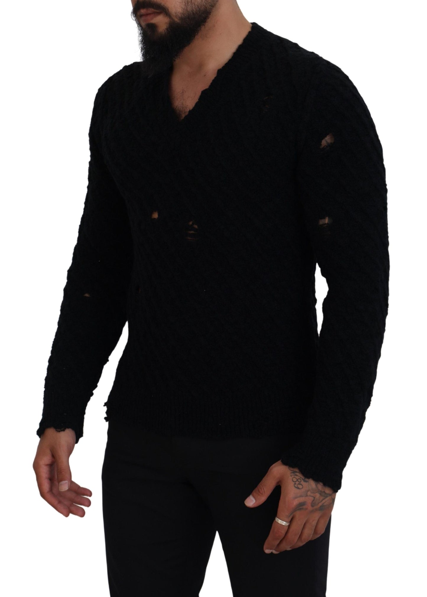 Dolce &amp; Gabbana Maglione elegante con scollo a V in misto lana nera