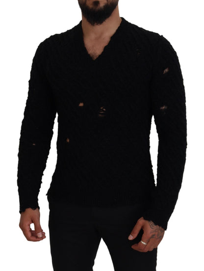 Dolce &amp; Gabbana Maglione elegante con scollo a V in misto lana nera