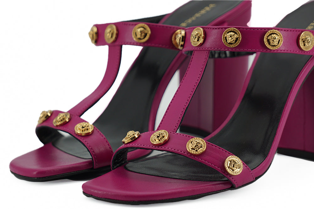 Versace eleganti sandali alti in pelle di vitello viola