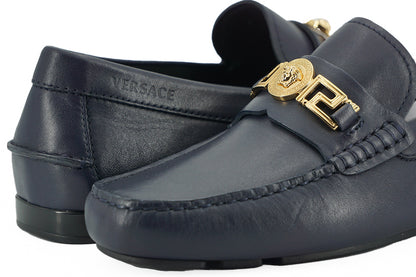 Versace eleganti mocassini in pelle di vitello blu navy