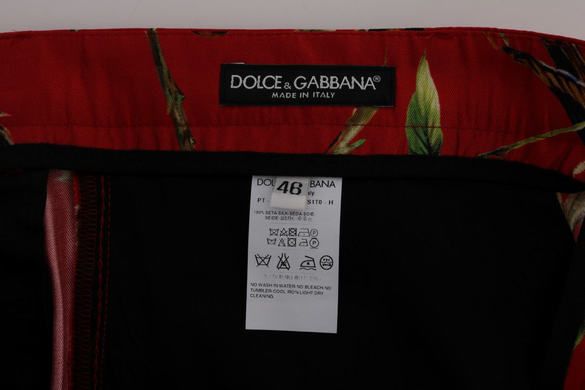 Pantaloni eleganti in seta Dolce &amp; Gabbana con stampa di uccelli rossi