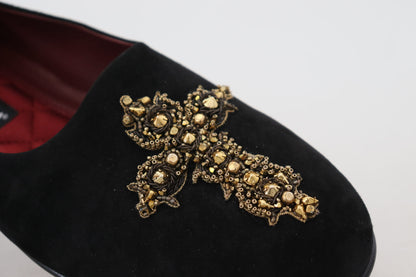 Mocassini Dolce &amp; Gabbana con paillettes di cristalli dorati neri