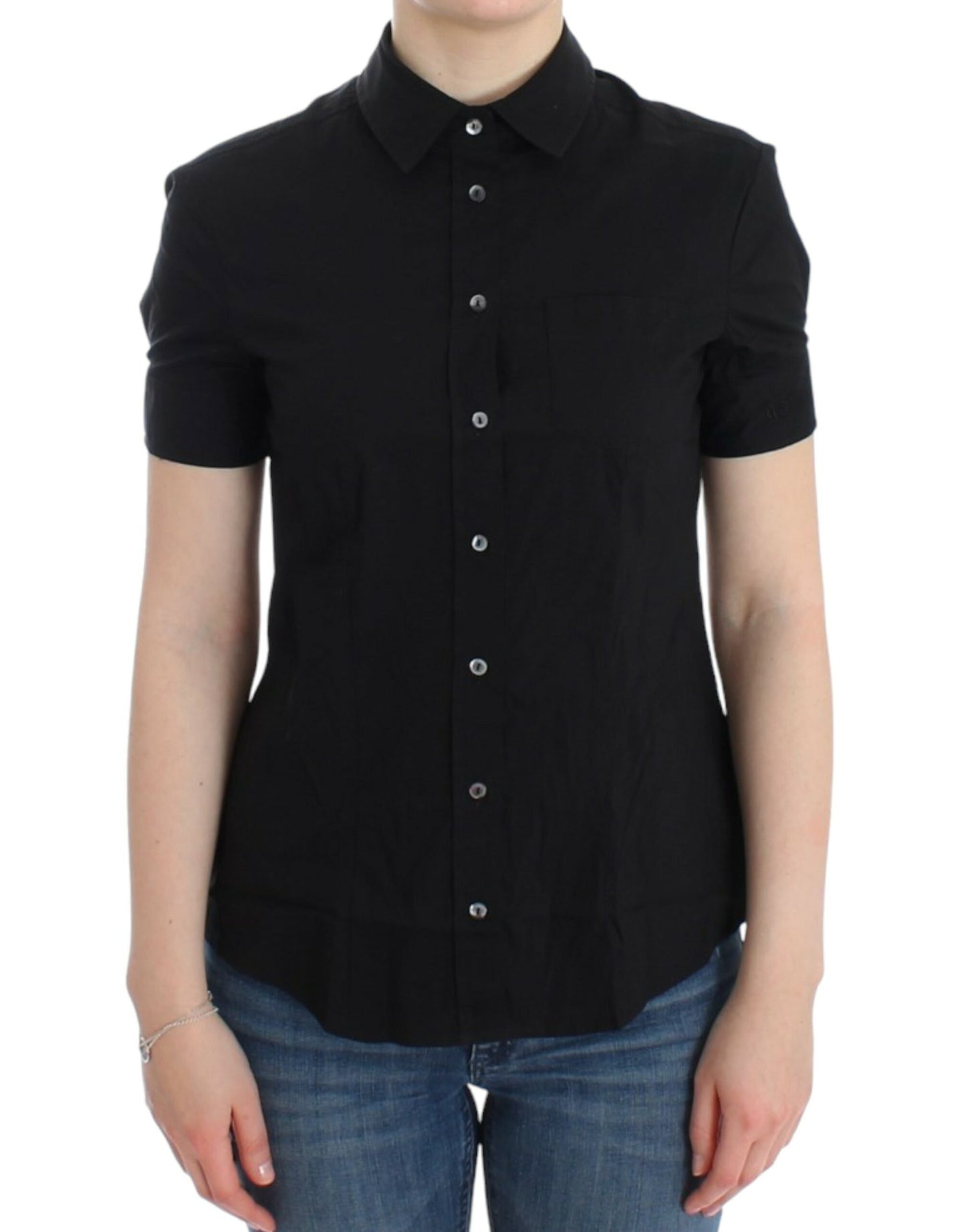 Blusa elegante a maniche corte in cotone nero elasticizzato John Galliano