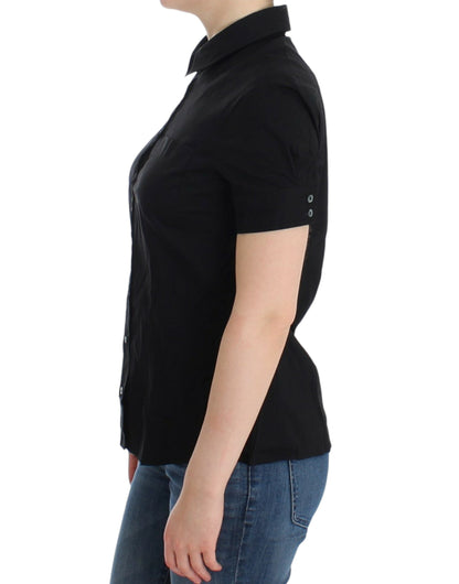 Blusa elegante a maniche corte in cotone nero elasticizzato John Galliano