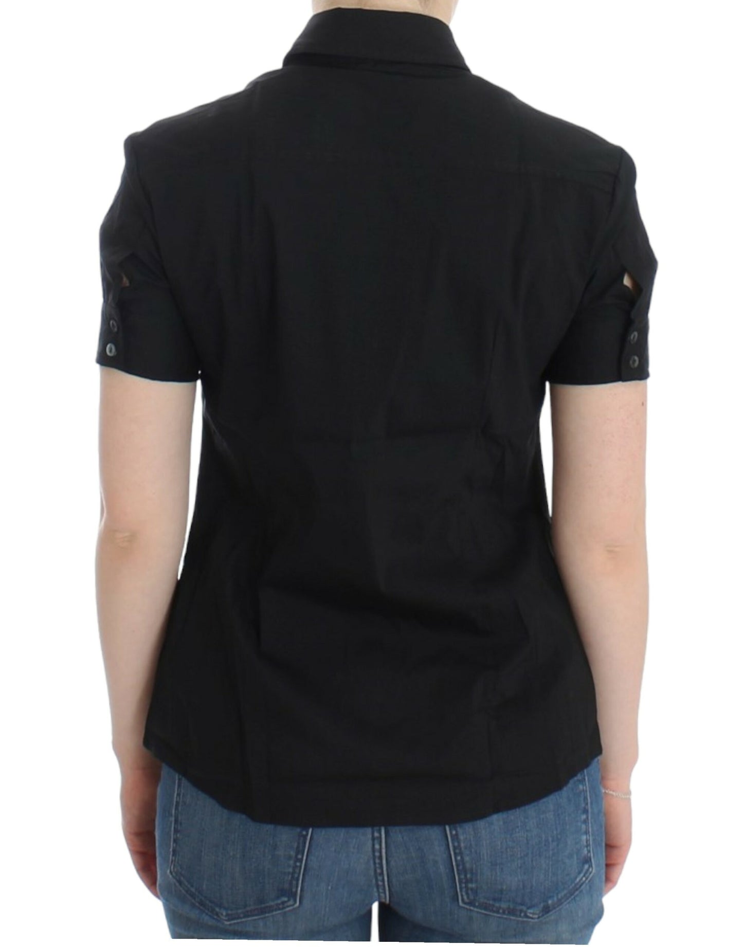 Blusa elegante a maniche corte in cotone nero elasticizzato John Galliano