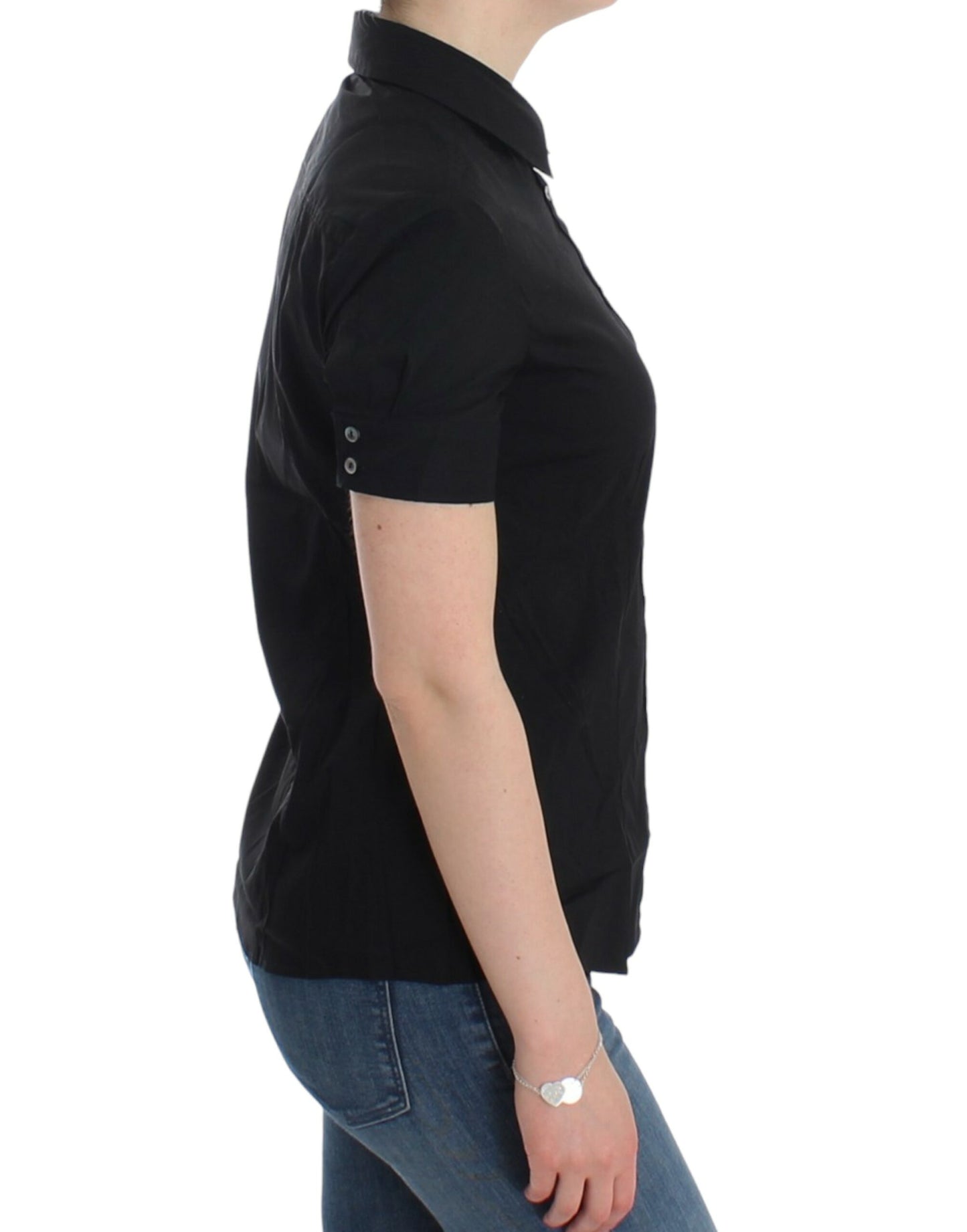 Blusa elegante a maniche corte in cotone nero elasticizzato John Galliano