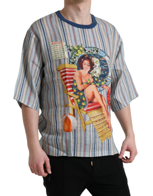 Dolce &amp; Gabbana T-shirt Elegante in Lino con Motivo AGOSTO