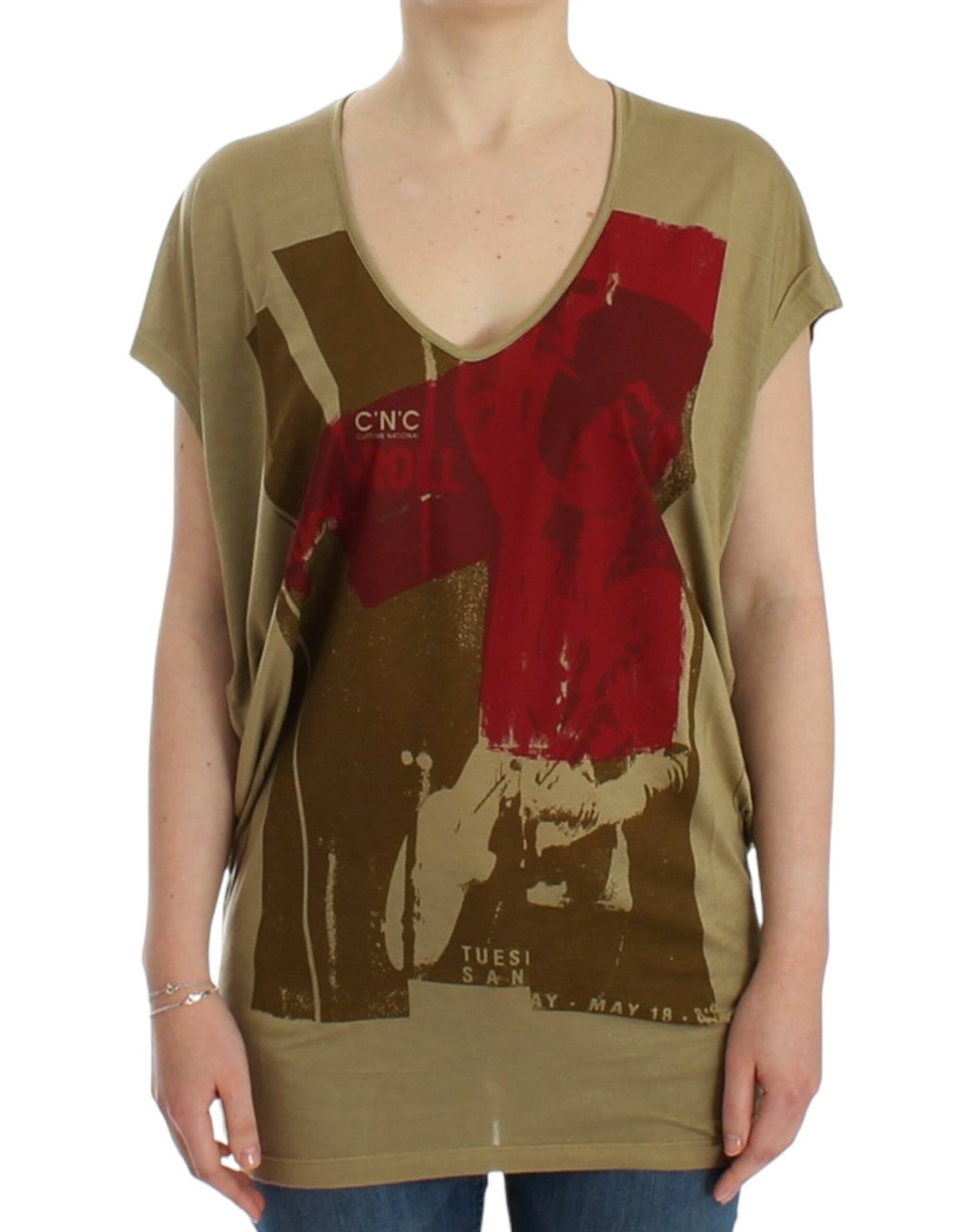 T-shirt con scollo a V con stampa multicolore verde Costume National Chic