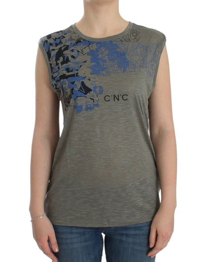 Costume National Chic Top grigio senza maniche con dettagli blu