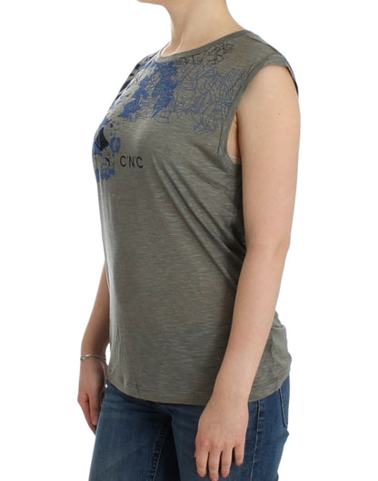 Costume National Chic Top grigio senza maniche con dettagli blu