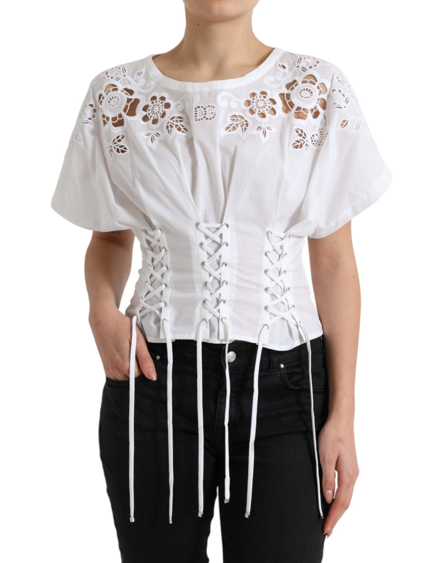 Dolce &amp; Gabbana Elegante Blusa Bianca Floreale con Lacci