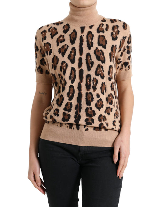 Dolce &amp; Gabbana Elegante top in lana a collo alto leopardato beige