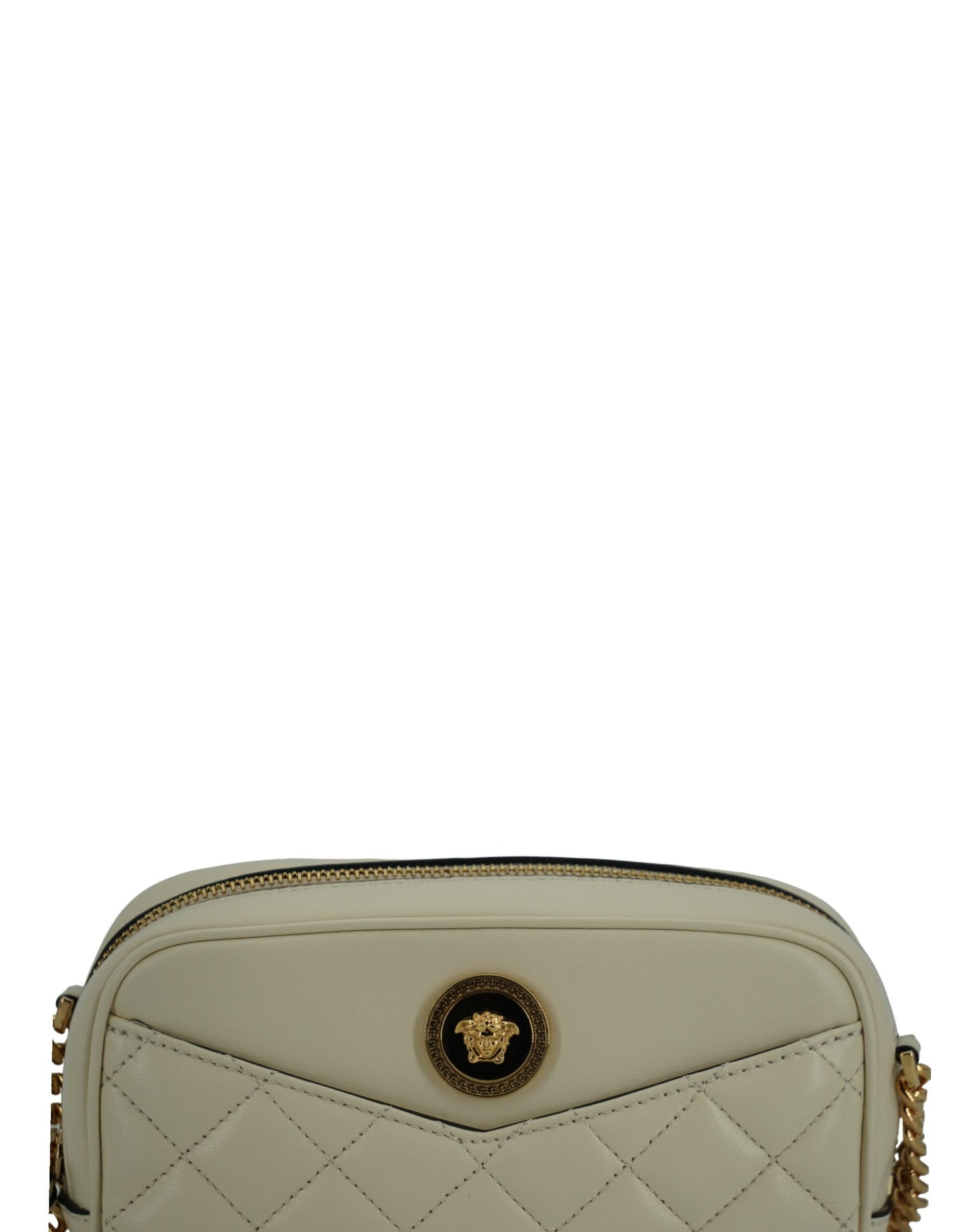 Borsa per fotocamera Versace elegante in pelle di agnello bianca