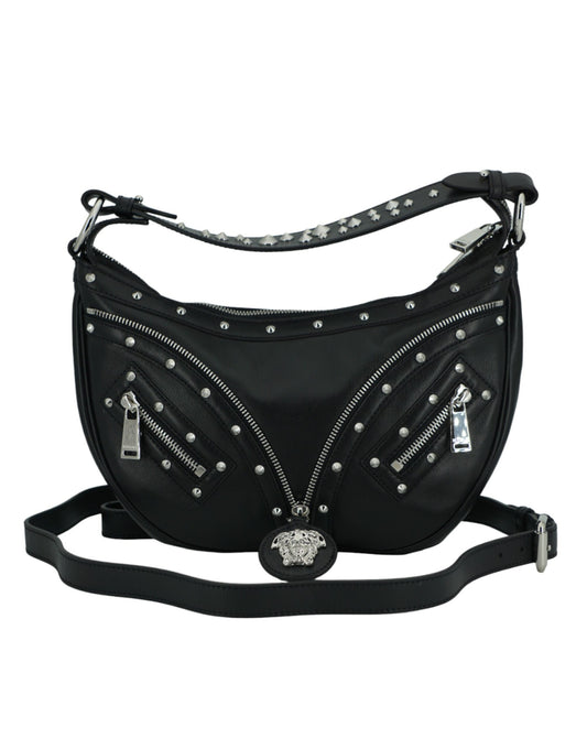 Versace Elegant Black Leather Hobo Shoulder Bag