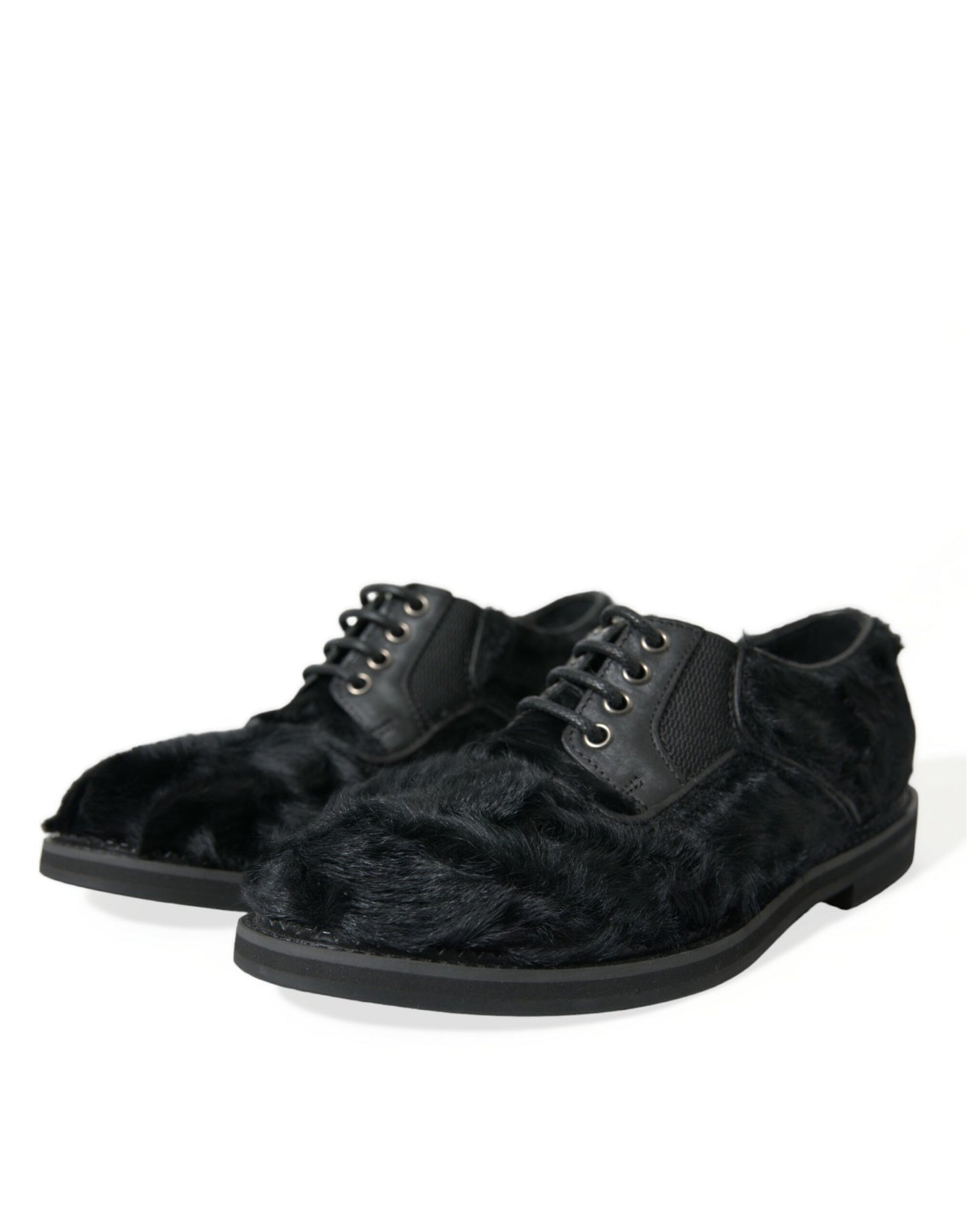 Dolce &amp; Gabbana eleganti scarpe derby in pelliccia nera da uomo