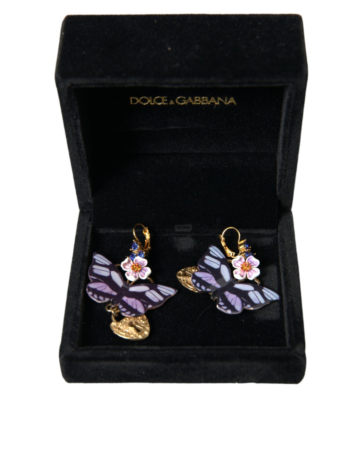 Dolce & Gabbana Gold Purple Crystal Butterfly Heart Locket Earrings