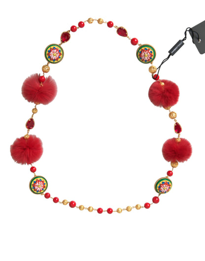 Dolce &amp; Gabbana Collana a catena con carretto in cristalli di pelliccia rossa in ottone dorato