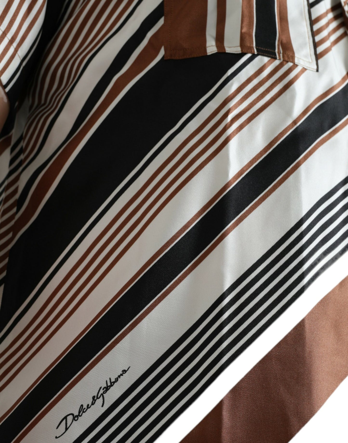 Dolce & Gabbana Brown White Silk Striped Short Sleeve Shirt