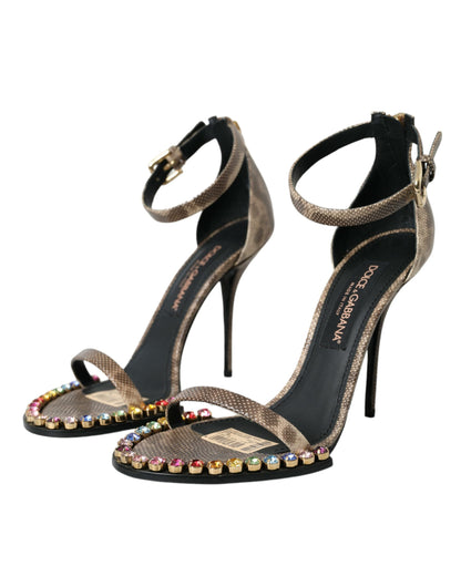 Dolce &amp; Gabbana Scarpe con sandali in cristallo in pelle esotica marrone