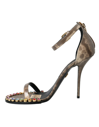 Dolce &amp; Gabbana Scarpe con sandali in cristallo in pelle esotica marrone