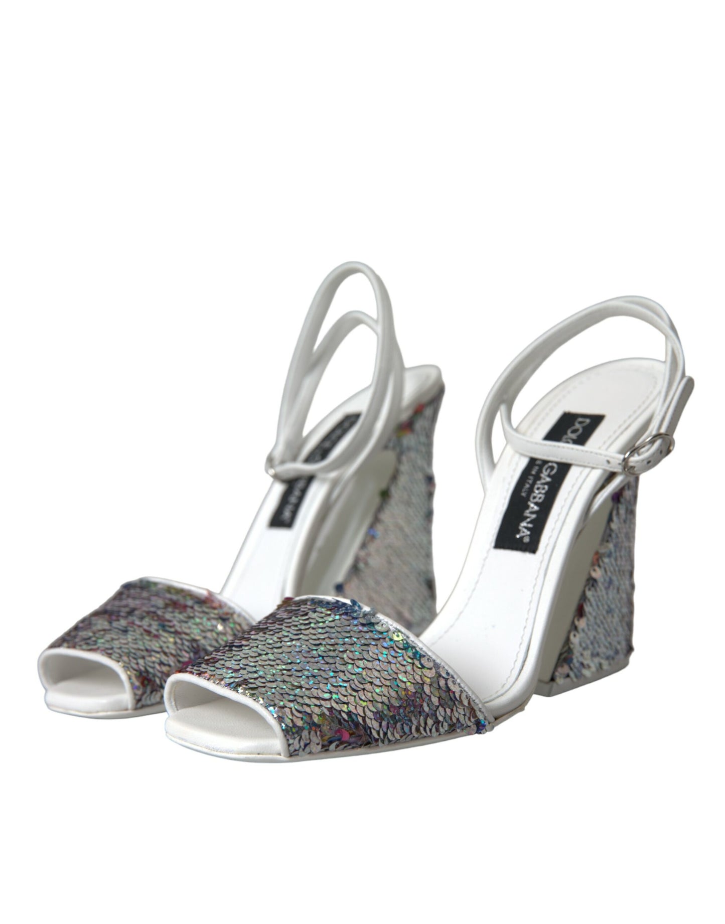 Dolce & Gabbana White Silver Sequin Ankle Strap Sandals Shoes