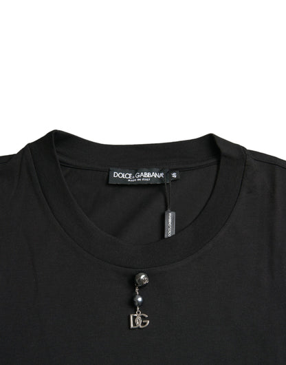 T-shirt girocollo in cotone nero decorato di Dolce &amp; Gabbana