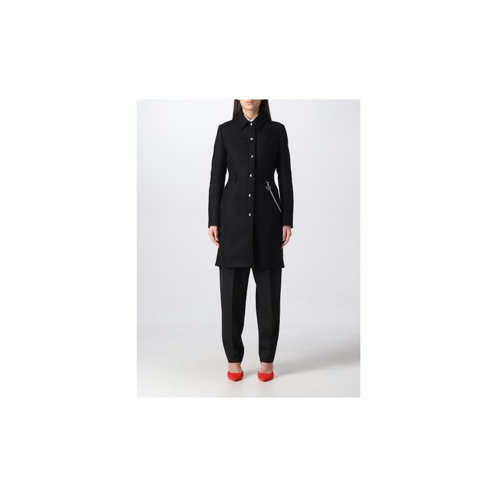 Love Moschino Elegante Cappotto in Lana Nera con Dettaglio Catena Argento