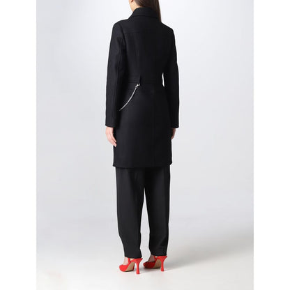 Love Moschino Elegante Cappotto in Lana Nera con Dettaglio Catena Argento