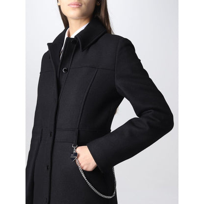 Love Moschino Elegante Cappotto in Lana Nera con Dettaglio Catena Argento