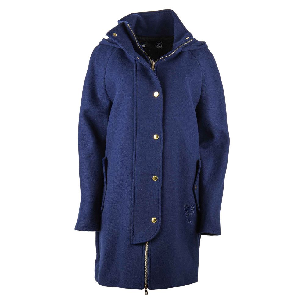 Love Moschino Elegante cappotto in misto lana blu con accenti dorati