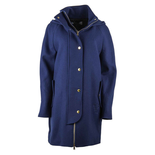 Love Moschino Elegante cappotto in misto lana blu con accenti dorati