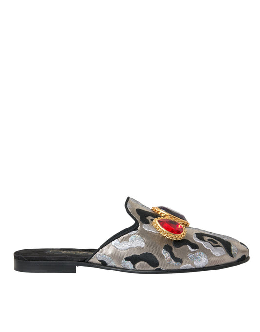 Dolce &amp; Gabbana Sandali Piatti Mule in Jacquard Grigio con Cristalli Scarpe