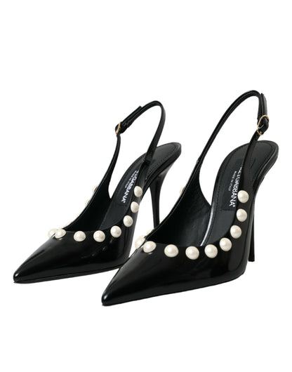 Dolce & Gabbana Black Leather Faux Pearl Heel Slingback Shoes