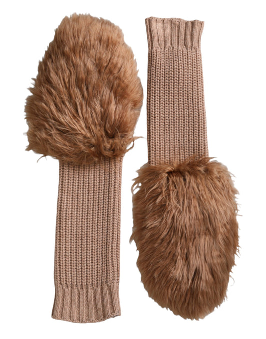 Dolce & Gabbana Brown Cashmere Knitted Fur Mid Arm Mitten Gloves