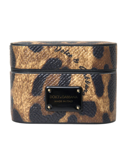 Custodia per Airpods Dolce &amp; Gabbana in pelle di vitello leopardata marrone con logo in metallo