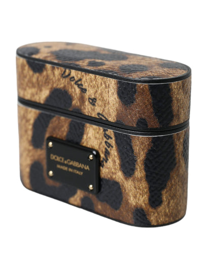 Custodia per Airpods Dolce &amp; Gabbana in pelle di vitello leopardata marrone con logo in metallo